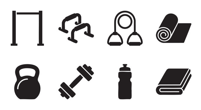 A collection of black silhouette icons representing various fitness equipment including a pull up bar, push up bars, resistance bands, yoga mat, kettlebell, dumbbell, water bottle.