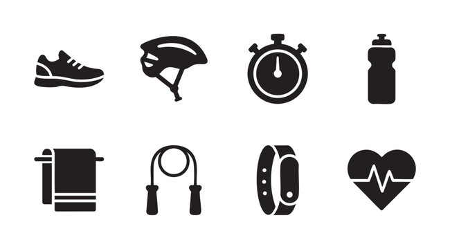 A collection of simple black fitness icons including a shoe, helmet, stopwatch, water bottle, towel, jump rope, fitness tracker, and heart monitor.
