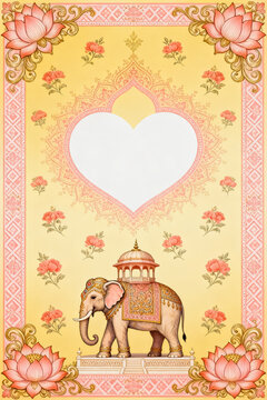 This is a traditional South Asian wedding invitation template, featuring a decorated royal elephant, lotus floral motifs, ornate golden and pink framing with a blank heart-shaped text area.