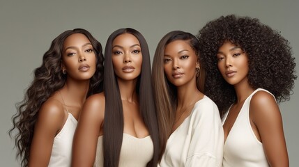 Obraz premium Four beautiful women showcasing diverse hairstyles and styles in soft lighting.