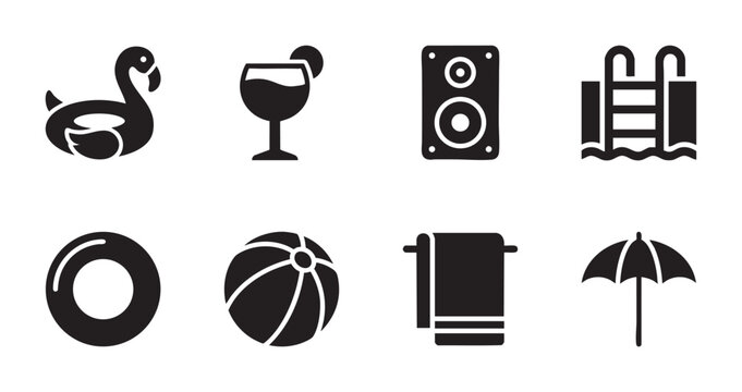 A collection of black icons representing summer fun, including a flamingo float, drink, speaker, pool ladder, and beach ball, perfect for vacation or leisure themes.
