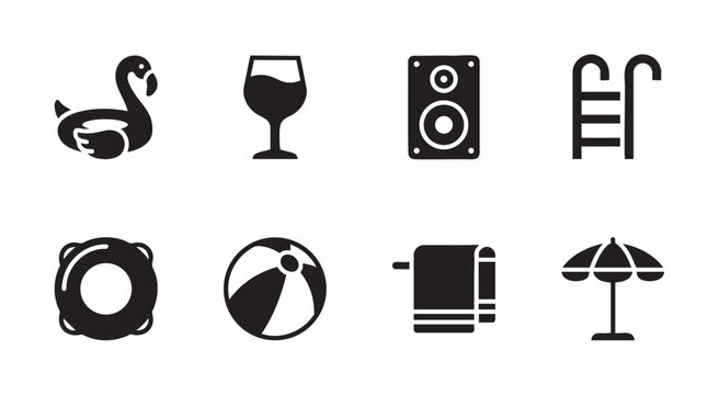 Collection of black icons representing summer pool party elements like a flamingo float, wine glass, speaker, ladder, lifebuoy, beach ball, towel, and umbrella.