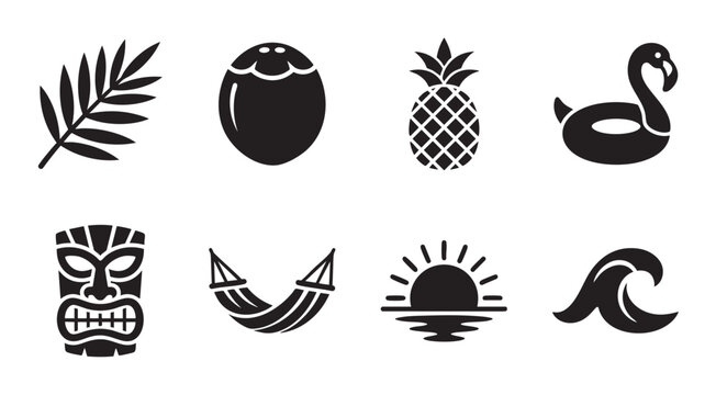 A collection of black silhouette icons featuring tropical elements like a palm leaf, coconut, pineapple, flamingo float, tiki mask, hammock, sunset, and wave.