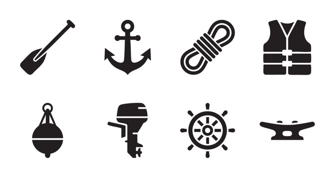 A collection of eight black nautical icons on a white background, including a paddle, anchor, rope, life vest, buoy, outboard motor, ship wheel, and cleat.