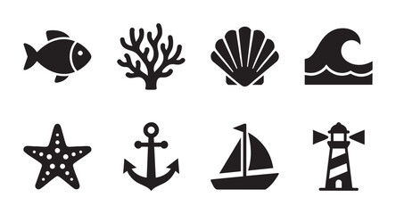 Obraz premium A collection of simple black silhouette icons representing various nautical and marine elements, perfect for design projects.