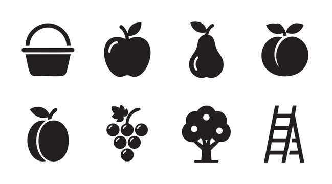Collection of black silhouette icons representing fruits, a basket, an apple tree, and a ladder on a white background.