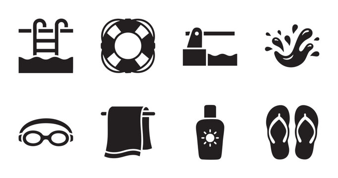 A collection of eight black vector icons representing summer pool party essentials, including a pool ladder, lifebuoy, diving board, water splash, goggles, towel, sunscreen, and flip-flops.