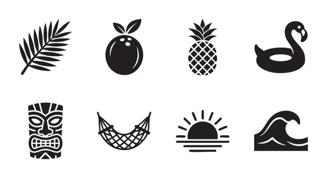 A collection of stylized black icons representing tropical summer elements like a palm leaf, coconut, pineapple, flamingo float, tiki mask, hammock, sunset, and wave.