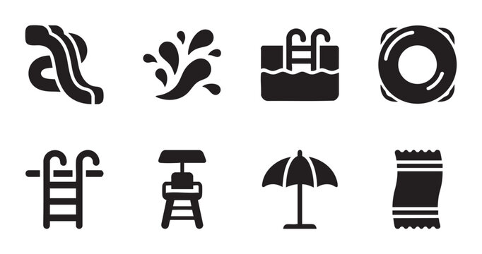 A collection of black silhouette icons representing summer pool activities and accessories, including a waterslide, water splash, pool, lifeguard chair, umbrella and towel.