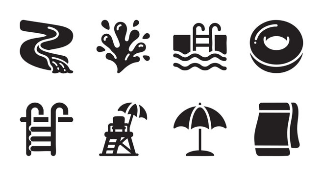 Collection of flat black icons representing summer pool activities and amenities, including a waterslide, splash, pool ladder, float, lifeguard chair, umbrella, and towel.