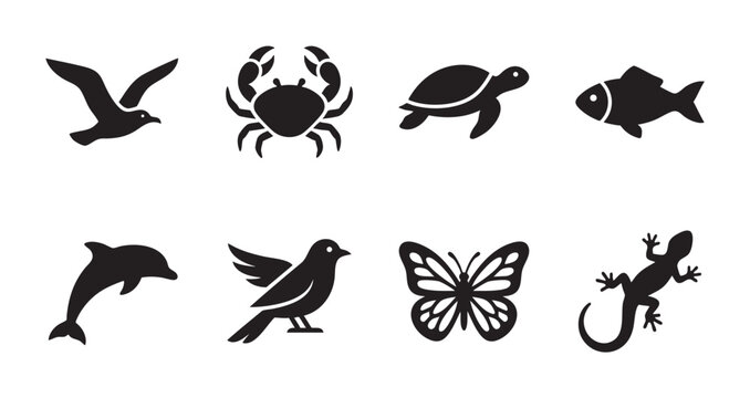 A collection of simple black silhouette icons featuring various animals including a dolphin, bird, butterfly, lizard, seagull, crab, turtle, and fish on a white background.