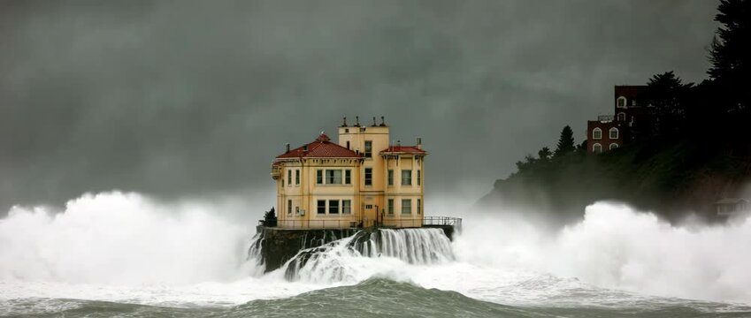 A seaside home perched on rocky cliffs faces powerful crashing waves during a storm.