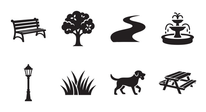 Collection of black and white icons representing elements commonly found in a park, such as a bench, tree, path, fountain, lamppost, grass, dog, and picnic table.