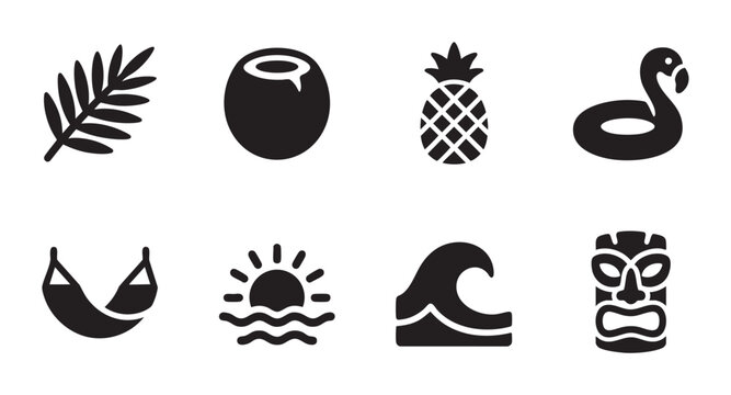A collection of black, minimalist icons representing tropical summer themes, including a palm leaf, coconut, pineapple, flamingo float, hammock, sun, wave, and tiki mask on a white background.