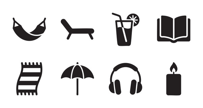 Collection of black silhouette icons representing relaxation and leisure activities like hammocks, drinks, books, and music on a white background.