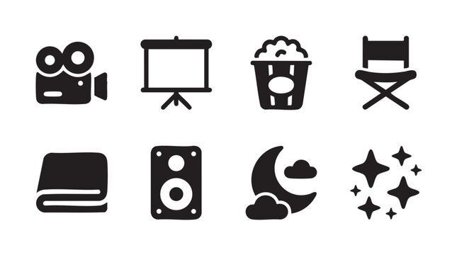 A collection of black silhouette icons representing cinema and entertainment, including a film camera, projector screen, popcorn, director chair, speaker, moon, and stars.