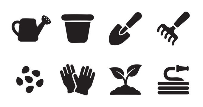 A collection of eight black and white graphic icons representing essential gardening tools and elements, perfect for illustrations and design projects.
