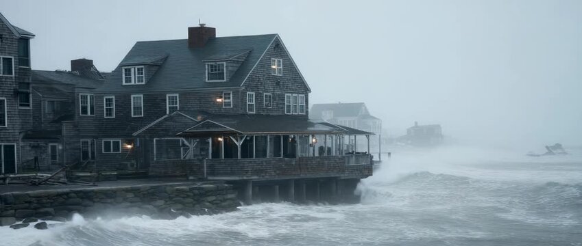 A seaside home perched on rocky cliffs faces powerful crashing waves during a storm.