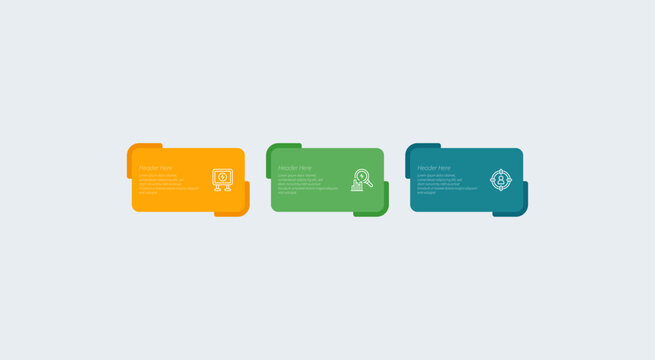 Three colorful header boxes contain text descriptions and unique icons.