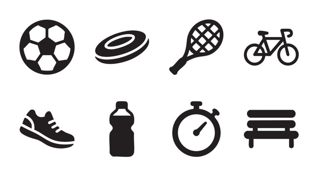 A collection of black and white vector icons representing sports and fitness activities, including a soccer ball, frisbee, tennis racket, bicycle, shoe, water bottle, stopwatch, and bench.