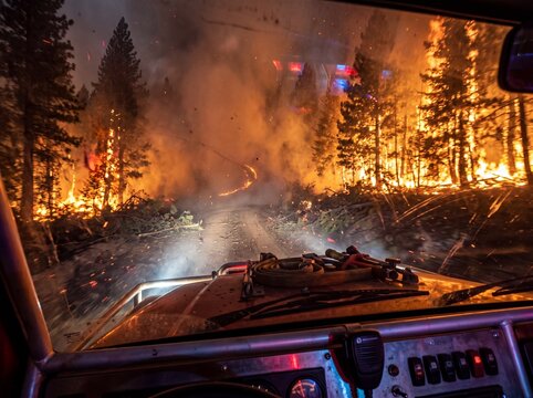 POV Rescue Vehicle Entering Wildfire Zone Through Smoke-Filled Road Captures Urgent Disaster Response Action