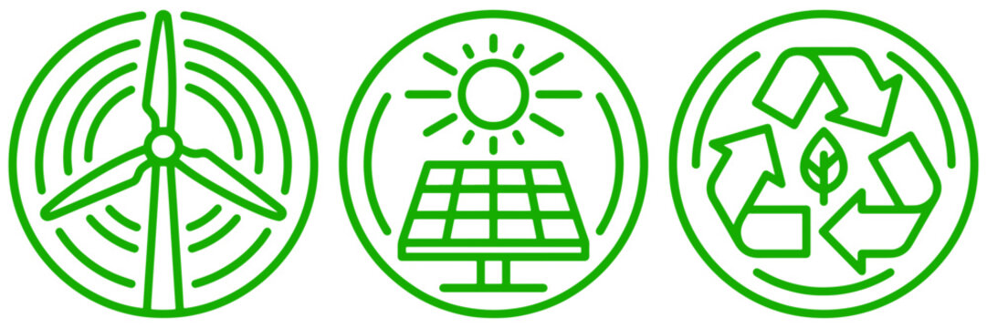 Three green circular icons featuring wind turbine solar panel and recycle symbol perfect for renewable energy concept designs