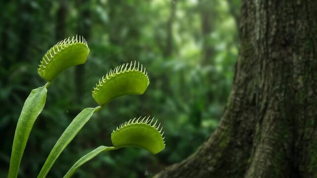 Venus flytrap or trap carnivorous leaves open, sharp teeth visible, 4K video