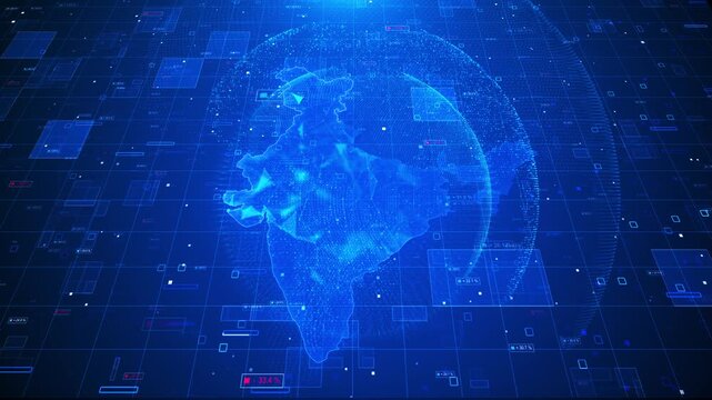 Digital India data network map with glowing blue country outline, global sphere, grid panels, and analytics markers. Indian technology business reports, AI dashboards, fintech promos, and overlays.