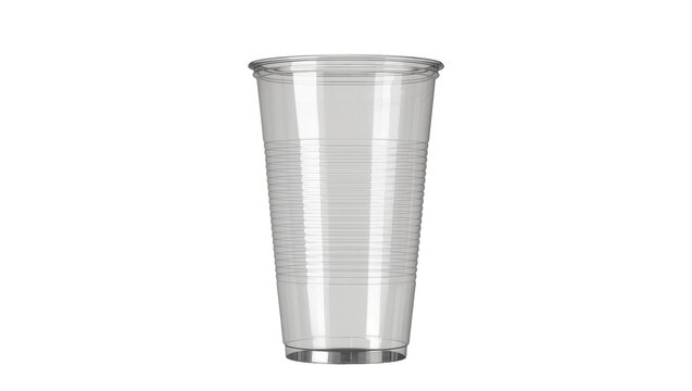 Clear plastic disposable cup with ribbed texture, isolated on transparent background