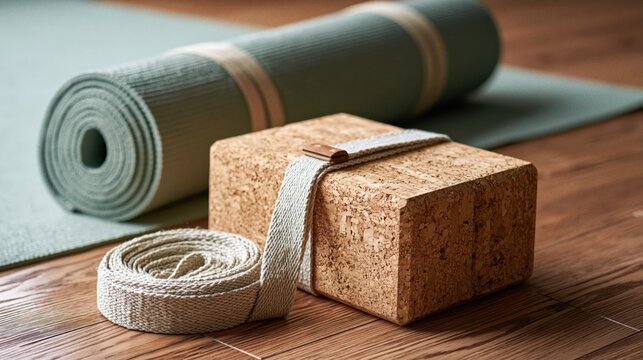 Premium activewear athleisure lifestyle photography with cork yoga block cotton strap