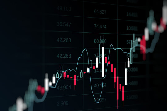 Dynamic financial candlestick chart with fluctuating market lines on dark digital backdrop showing currency and stock index movement trends. . 3D Rendering