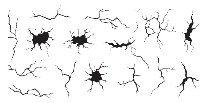 Set of black crack vector shapes for broken wall or ground surface texture design