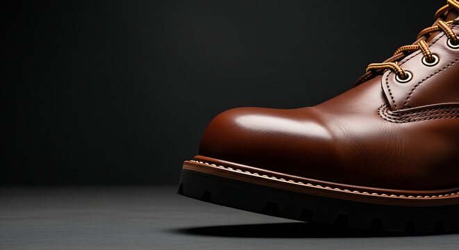 Brown leather dress shoe closeup.