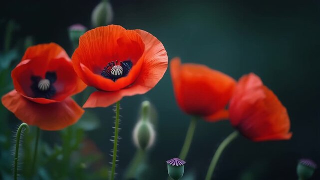 Poppy Flowers Swaying in Wind Slow Motion &ndash; Red Petals Dark Background War Memorial Remembrance Cinematic