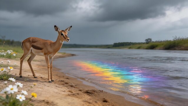 Antelope by river with rainbow reflection