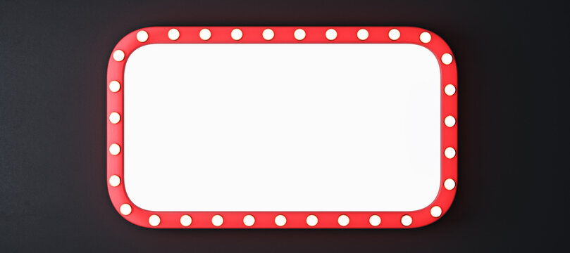 Bright retro marquee frame with empty white center on dark backdrop for creative banner or sign mockup display and presentation. 3D Rendering