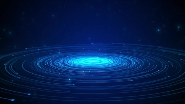 Blue circular energy portal with glowing concentric rings, dark star space, and futuristic floor light. for technology intros, sci fi scenes, teleport effects, data visuals, and motion overlays.