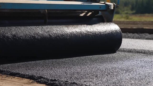 Tracking shot of road roller compressing fresh asphalt on rural road during daytime