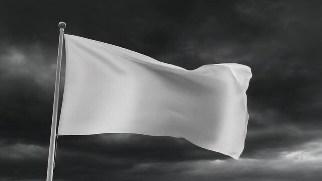 White Flag Waving Against Dark Dramatic Sky Slow Motion &ndash; Surrender Ceasefire Hope End of Conflict Cinematic