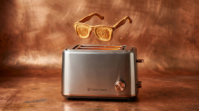 A surreal image of a silver toaster with a pair of golden, sparkling glasses floating above it, against a warm copper background.
