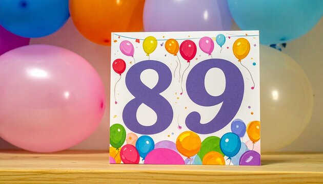 Birthday or anniversary card with number 89 with bright colors and balloons
