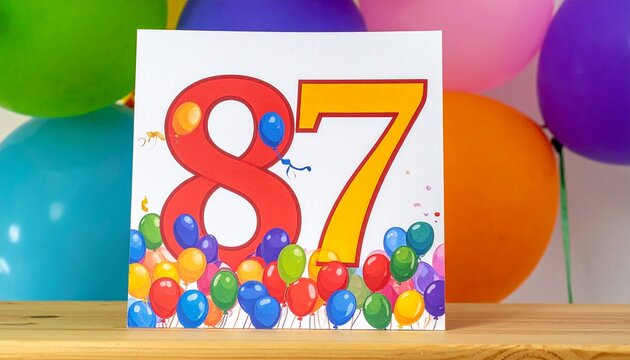 Birthday or anniversary card with number 87 with bright colors and balloons