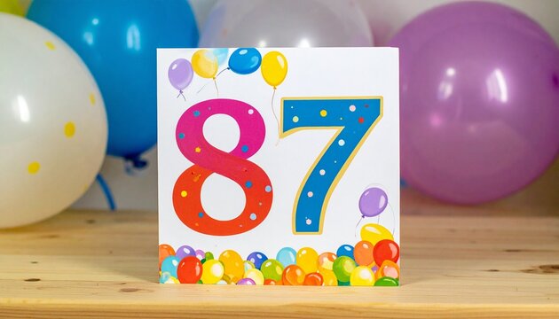 Birthday or anniversary card with number 87 with bright colors and balloons