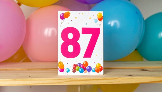 Birthday or anniversary card with number 87 with bright colors and balloons