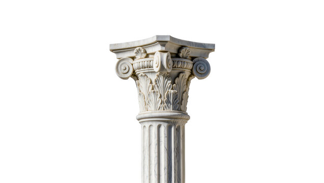 Ornate white marble Ionic column capital with acanthus leaves and volutes, isolated on transparent background