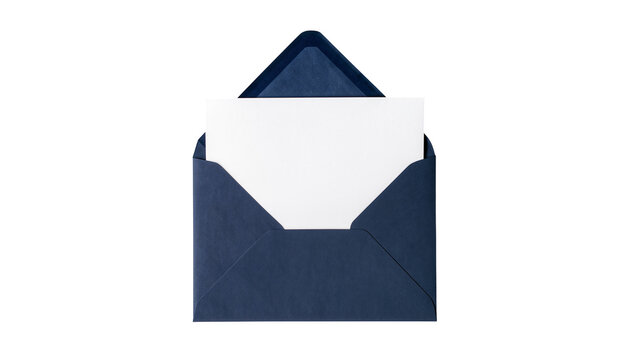 Open dark blue envelope with white paper card inside, isolated on transparent background