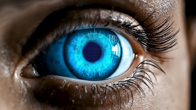 Bright blue human eye with detailed iris texture, sharp eyelashes, biometric vision scan, optical health, identity security and eyesight