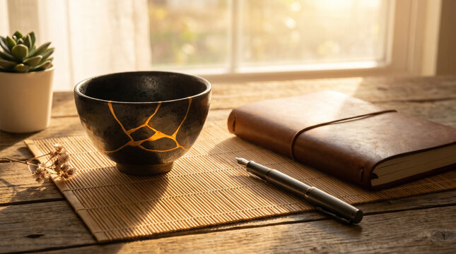 Conceptual still life of a broken black ceramic bowl repaired with golden kintsugi lacquer next to a dark journal. A metaphor for trauma recovery, mental health therapy, and healing. AI generated.