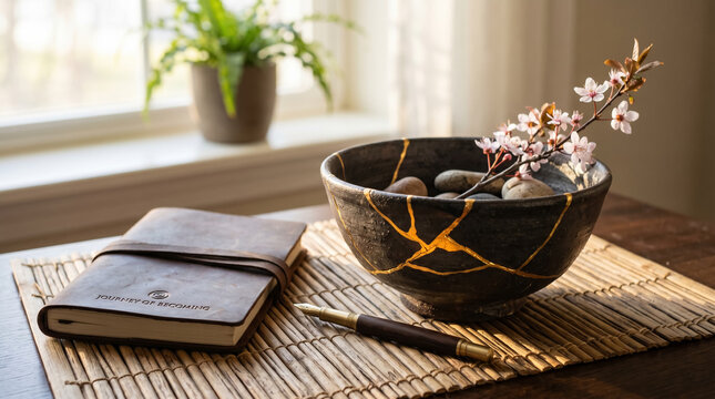 Conceptual still life of a broken black ceramic bowl repaired with golden kintsugi lacquer next to a dark journal. A metaphor for trauma recovery, mental health therapy, and healing. AI generated.