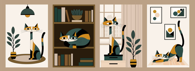 Collection of stylized geometric cats in cozy Scandinavian and mid century modern interiors. © Tati